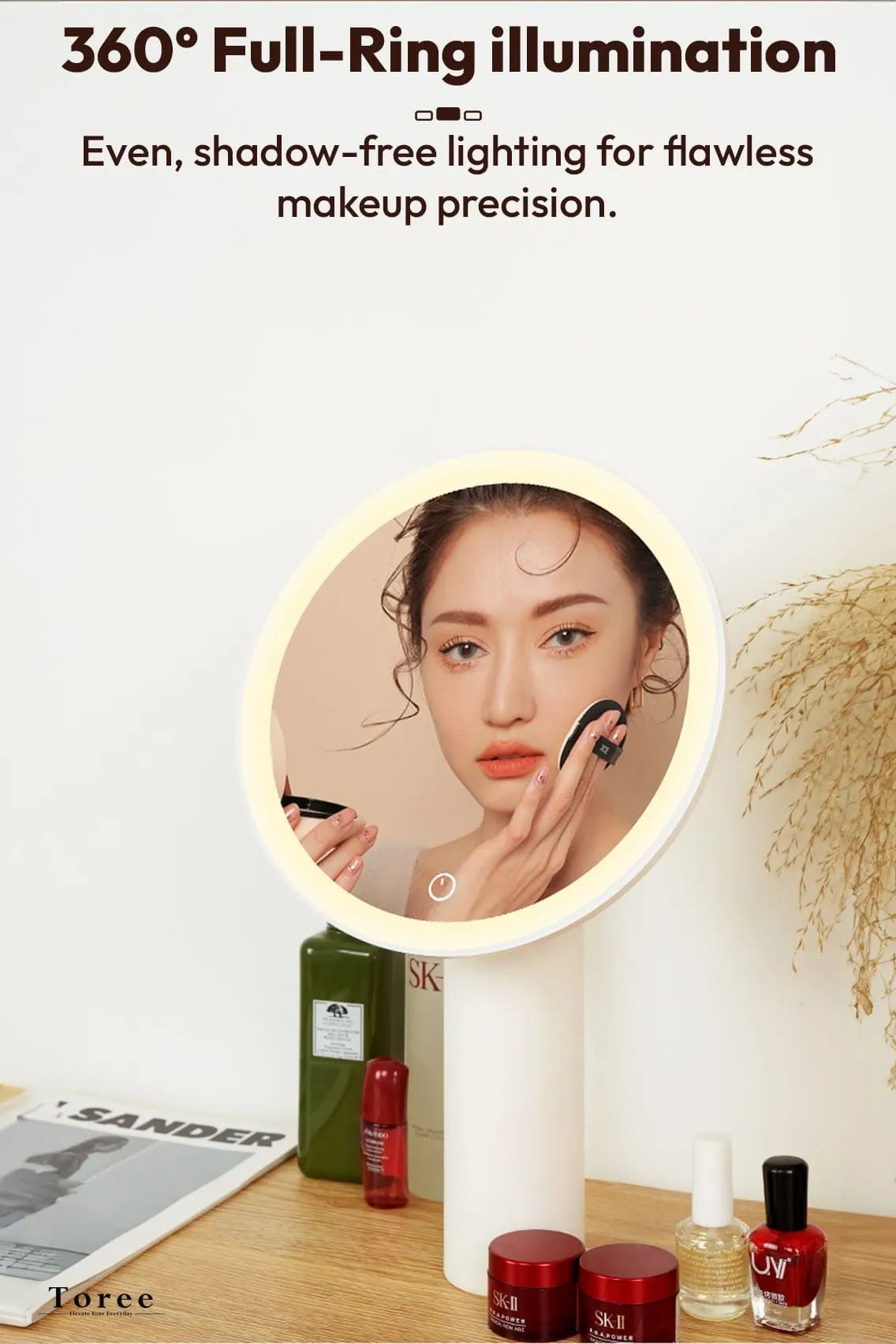Toree Premium LED Smart Makeup Mirror | 360° Ring Light, Touch Dimming, Adjustable 0–90° Angle, 2400mAh Rechargeable, True Color HD Reflection - Image 9