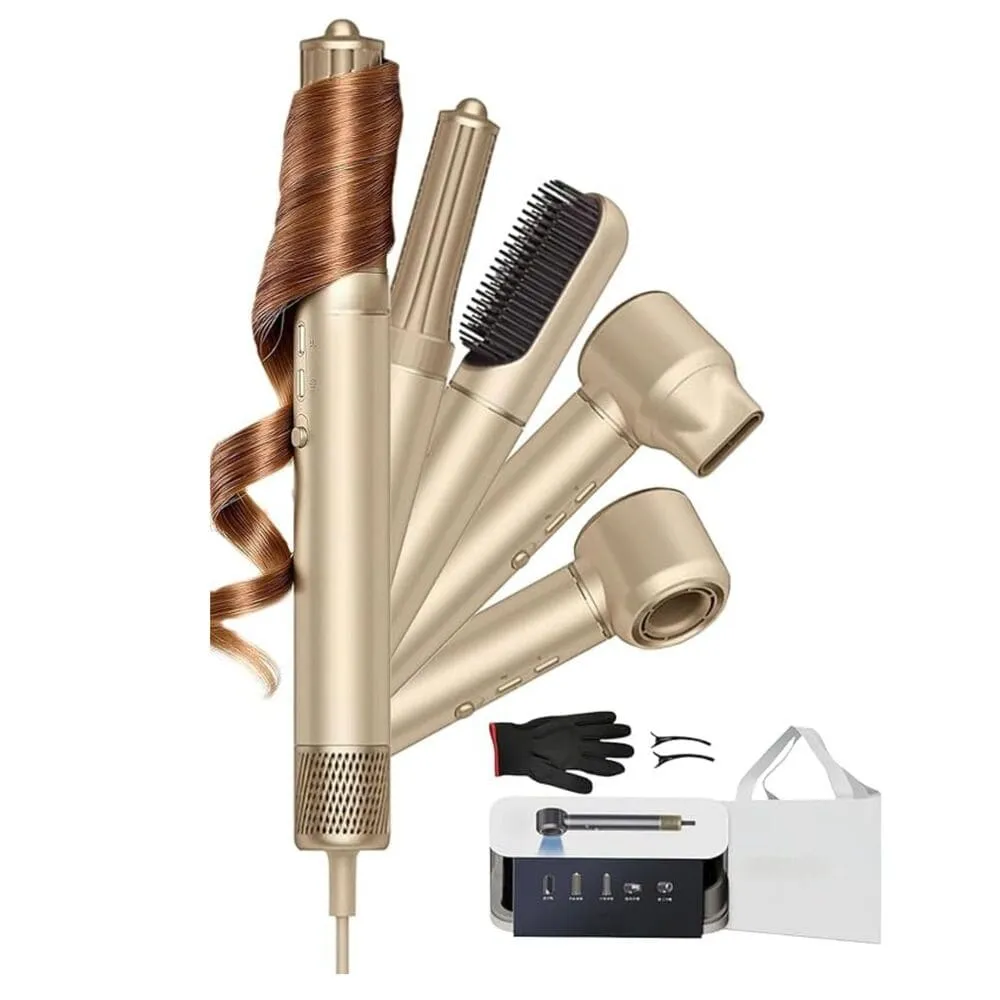 Toree 5-in-1 Hair Styling Tool Set - Multi-Function Hair Dryer, Curler, Straightener & Volumizer - Golden