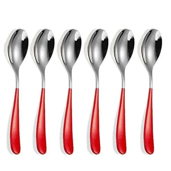SND Homes Delicacy Cutlery for Fine Dining, Made of SUS 304 Glossy Silver Finish Spoon/ Forks/ Knives (Set of 6 Silver Red Spoon)