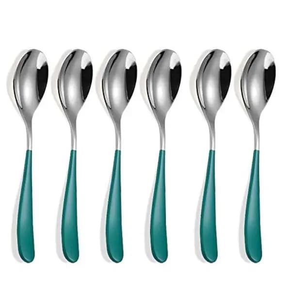 SND Homes Delicacy Cutlery for Fine Dining, Made of SUS 304 Glossy Silver Finish Spoon/ Forks/ Knives (Set of 6 Silver Green Spoon)