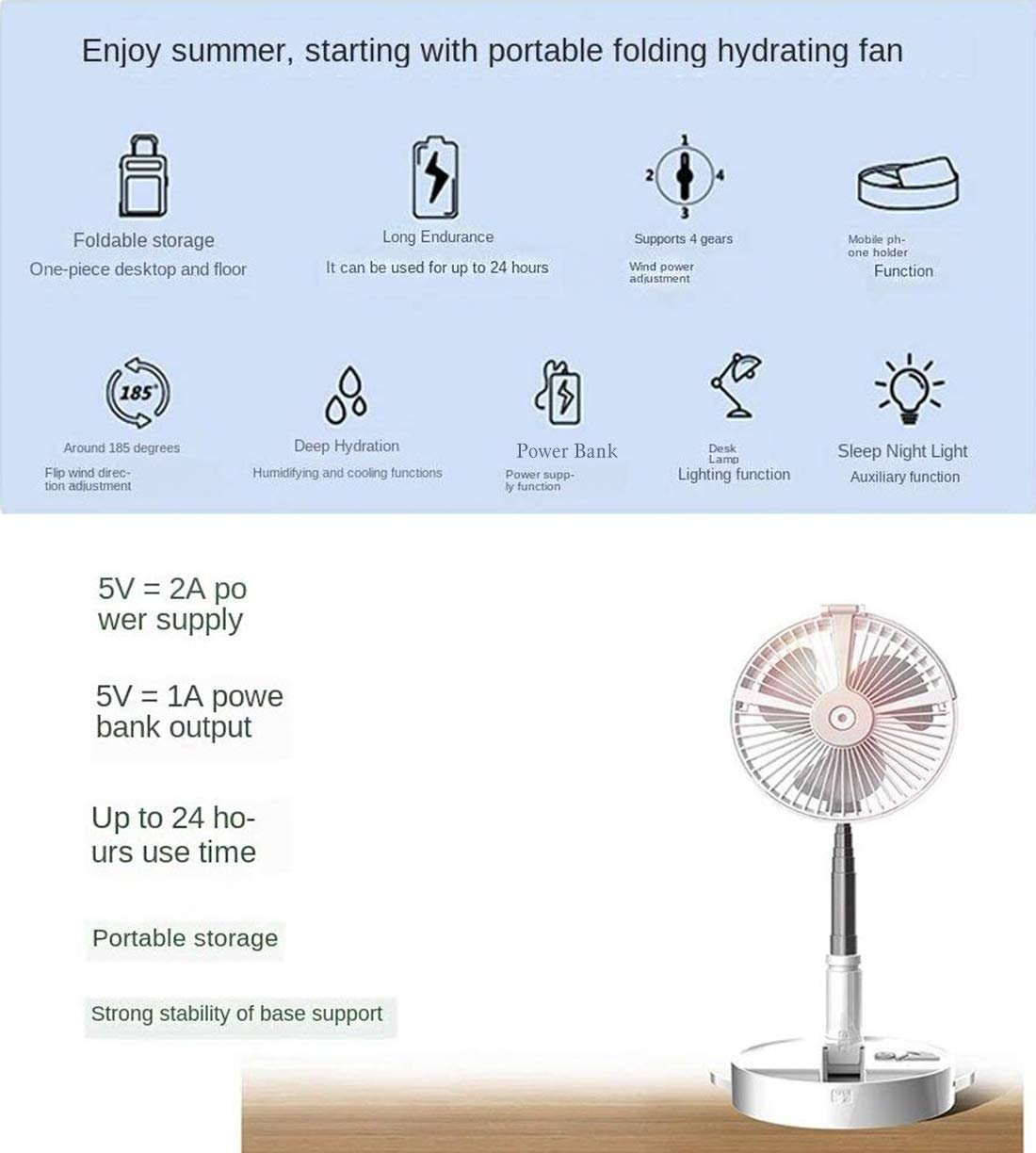 SND Homes Portable Folding Fan with 7200 mah battery power fan breeze air fan with humidifier table lamp and mobile charger - Image 5