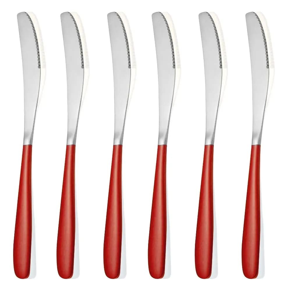 SND Homes Delicacy Cutlery for Fine Dining, Made of SUS 304 Glossy Silver Finish Spoon/ Forks/ Knives (Set of 6 Silver Red Knives)