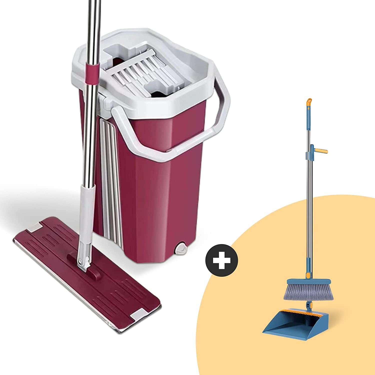 SND Homes Saver Combo: Flat Spin Super-absorbent Microfiber Pads Mop with Bucket and Standing Rotatable Broom Sweep Set ( 38X12.5 cm, Pink)