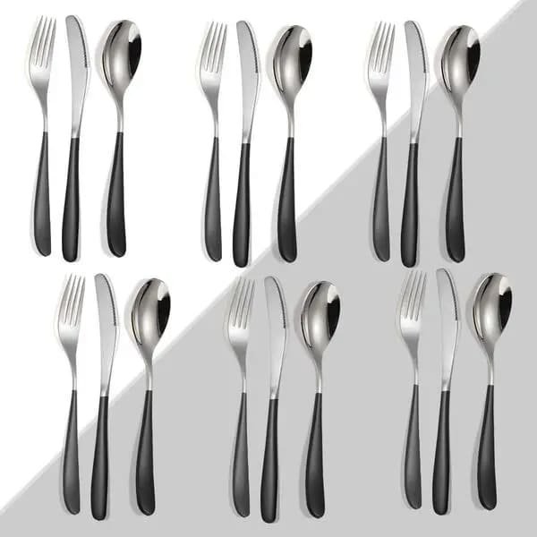 SND Homes Delicacy Cutlery for Fine Dining, Made of SUS 304 Glossy Silver Finish Spoon/ Forks/ Knives (Set of Black 6 X Spoon, Forks, Knives (Total 18))