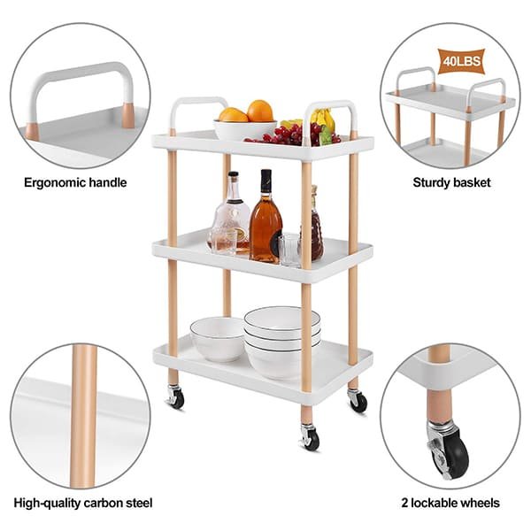 SND Homes 3 Tier Rectangle Rolling Cart Trolley - White - Image 2