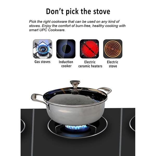 SND Homes Smart Cookware Wok Stainless Steel SUS 304 Non Stick Diamond Coating 7 Layer 5 Liter 28 cm Kadhai - Image 2