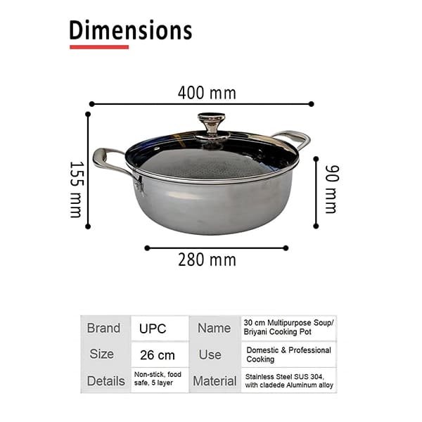 SND Homes Smart Cookware Wok Stainless Steel SUS 304 Non Stick Diamond Coating 7 Layer 5 Liter 28 cm Kadhai - Image 3