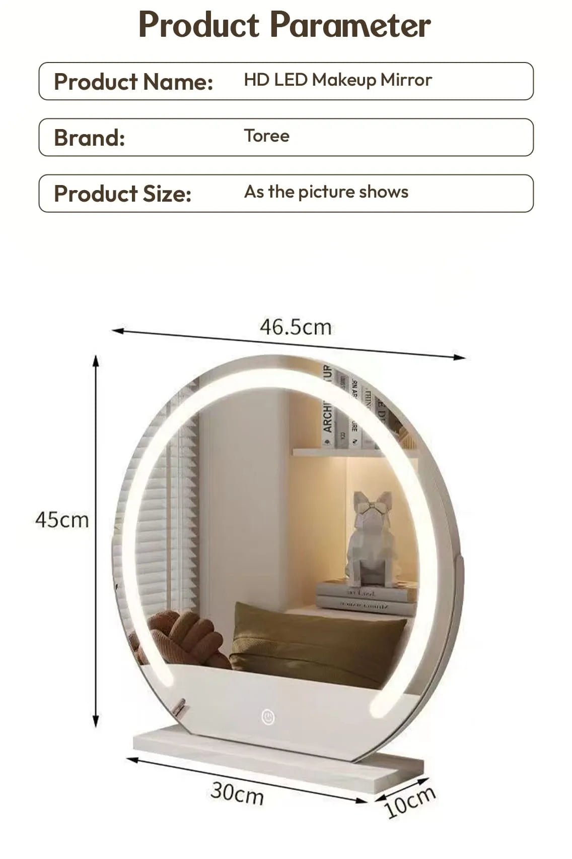 Toree HD LED Round Makeup Mirror with Touch Control, 3 Light Modes, Adjustable Brightness, Explosion-Proof Glass, 45cm Vanity Mirror - Image 9