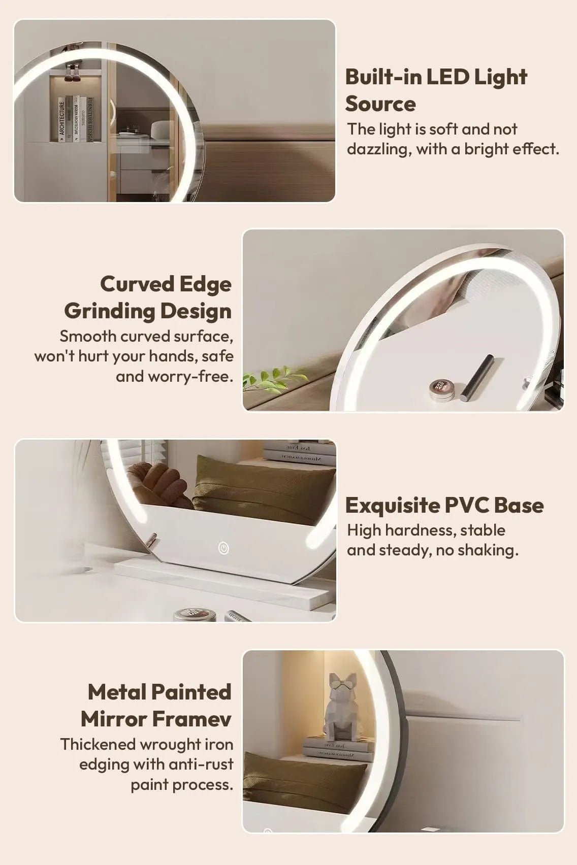 Toree HD LED Round Makeup Mirror with Touch Control, 3 Light Modes, Adjustable Brightness, Explosion-Proof Glass, 45cm Vanity Mirror - Image 4