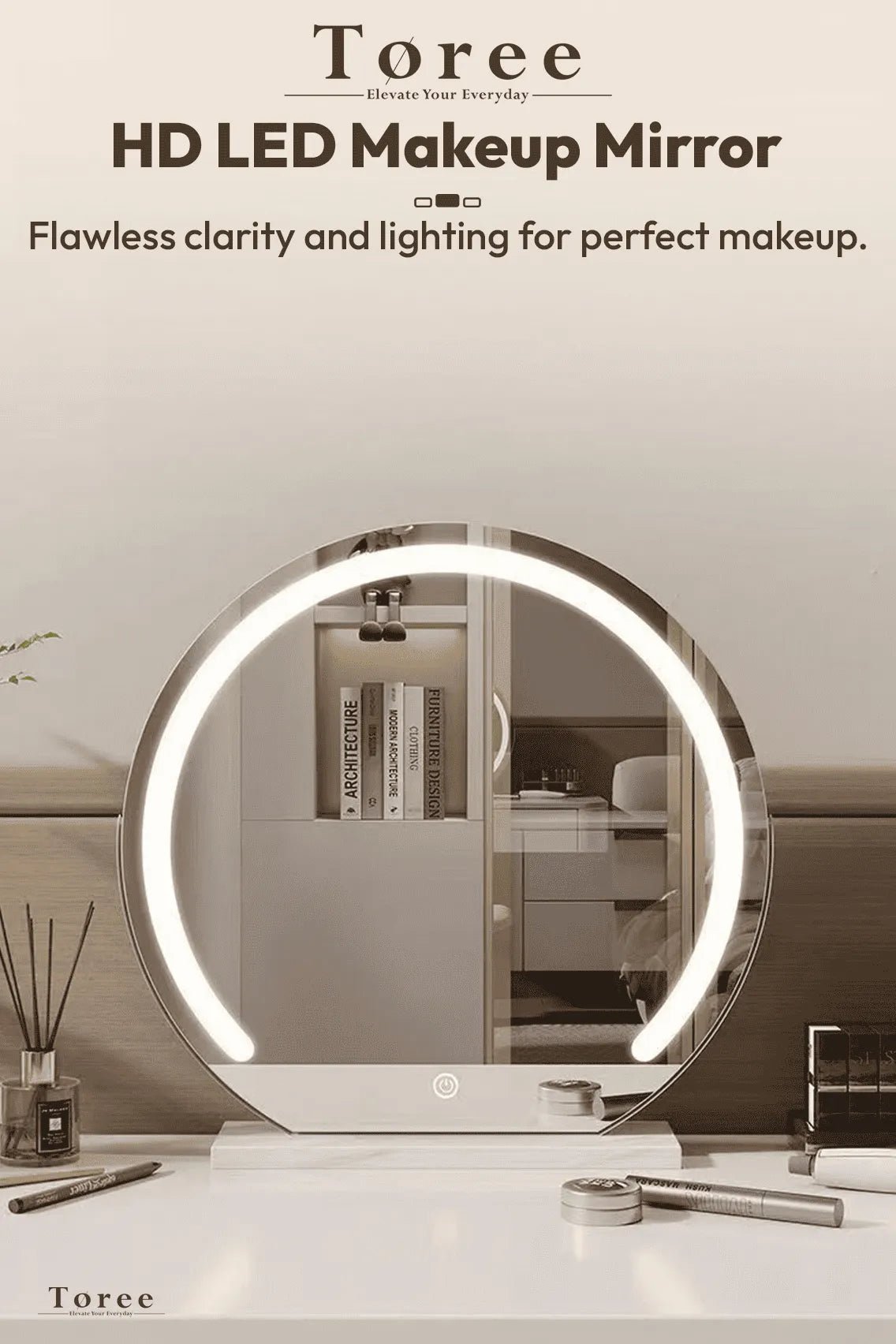 Toree HD LED Round Makeup Mirror with Touch Control, 3 Light Modes, Adjustable Brightness, Explosion-Proof Glass, 45cm Vanity Mirror - Image 5