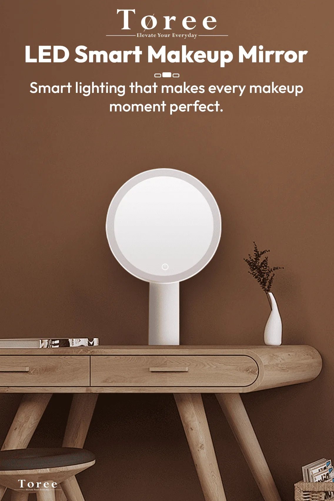 Toree Premium LED Smart Makeup Mirror | 360° Ring Light, Touch Dimming, Adjustable 0–90° Angle, 2400mAh Rechargeable, True Color HD Reflection - Image 4
