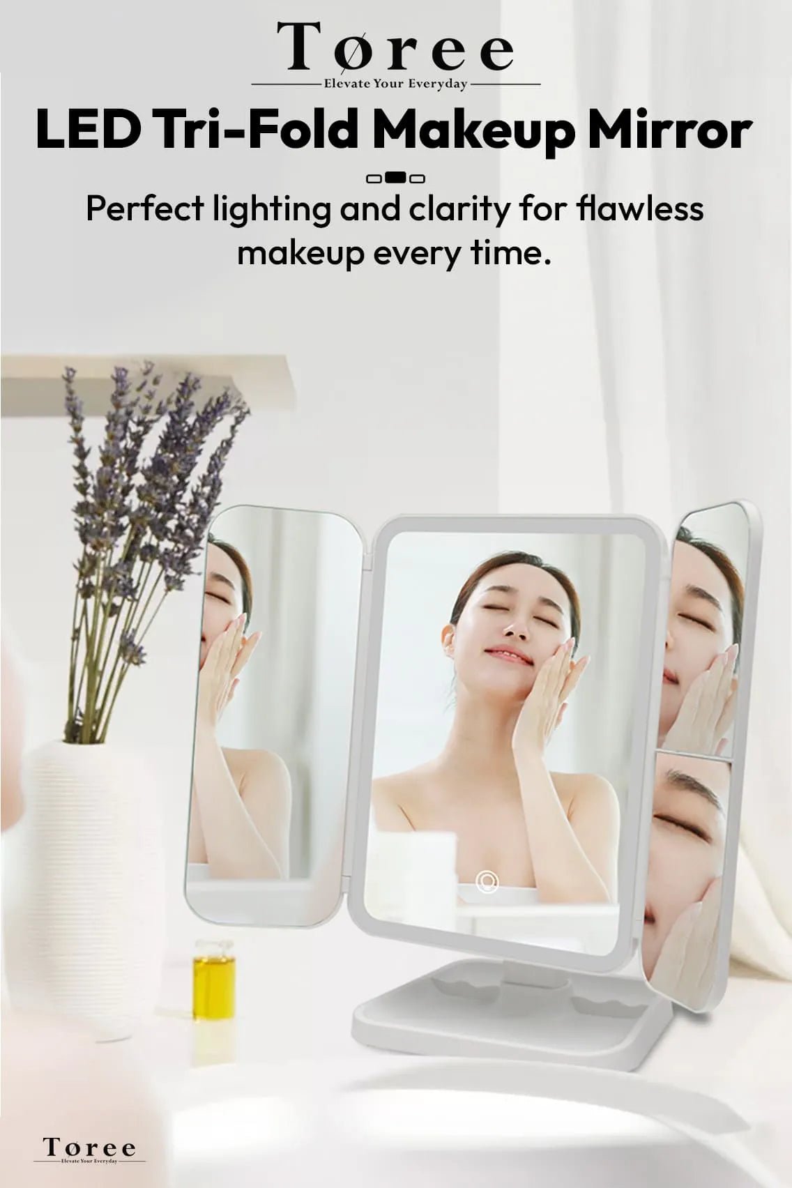 Toree LED Tri-Fold Makeup Mirror with 52 High-CRI Lights | 3-Color Lighting Modes, Stepless Dimming, 2000mAh Rechargeable Battery, 270° Shadow-Free Design, Smart Storage Base - Image 4