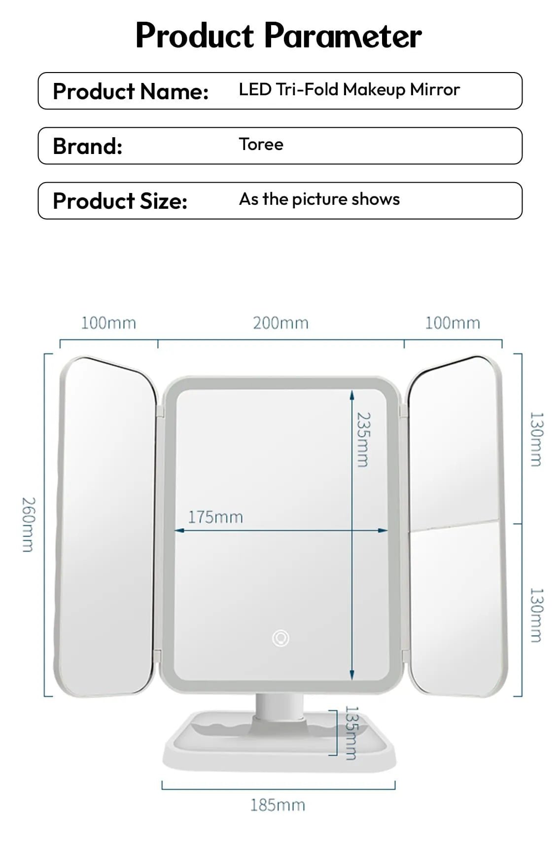 Toree LED Tri-Fold Makeup Mirror with 52 High-CRI Lights | 3-Color Lighting Modes, Stepless Dimming, 2000mAh Rechargeable Battery, 270° Shadow-Free Design, Smart Storage Base - Image 11