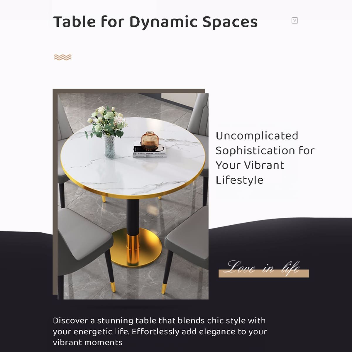 White Round Dining Table, with Marble Embellishments on Wood On Top for Kitchen Bar Patio and More Modern Small Coffee Table Metal Base - Capacity for 2-4, White - Image 3