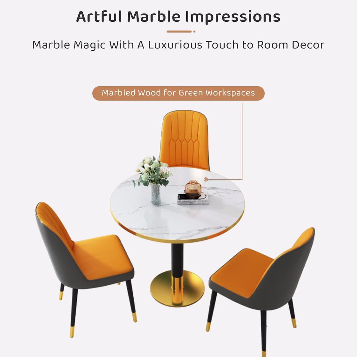 White Round Dining Table, with Marble Embellishments on Wood On Top for Kitchen Bar Patio and More Modern Small Coffee Table Metal Base - Capacity for 2-4, White - Image 5