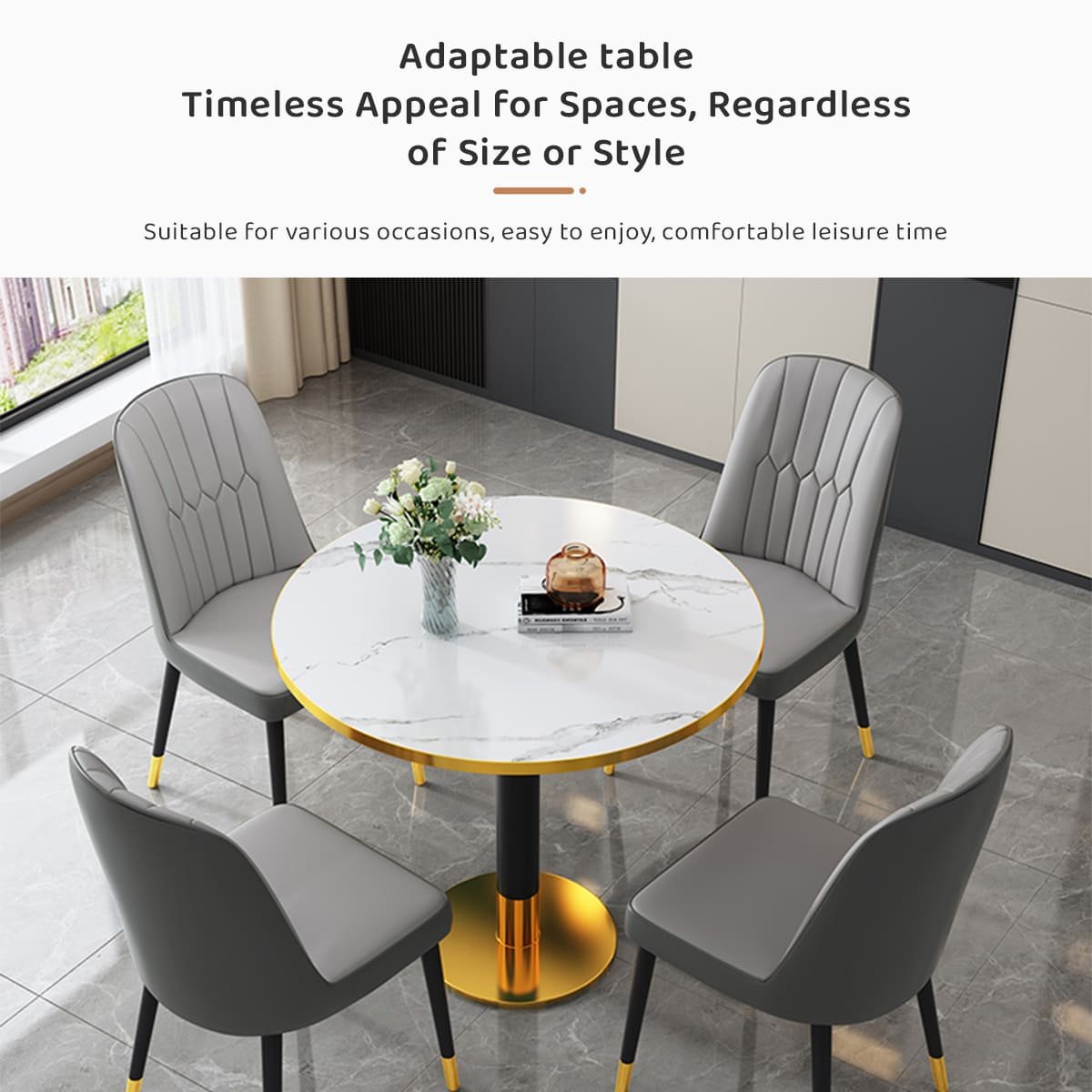 White Round Dining Table, with Marble Embellishments on Wood On Top for Kitchen Bar Patio and More Modern Small Coffee Table Metal Base - Capacity for 2-4, White - Image 6