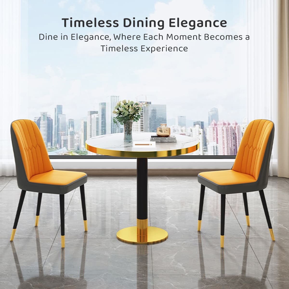 White Round Dining Table, with Marble Embellishments on Wood On Top for Kitchen Bar Patio and More Modern Small Coffee Table Metal Base - Capacity for 2-4, White - Image 7