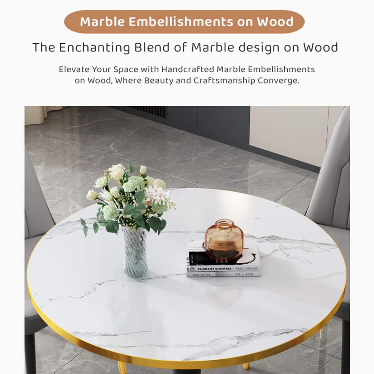 White Round Dining Table, with Marble Embellishments on Wood On Top for Kitchen Bar Patio and More Modern Small Coffee Table Metal Base - Capacity for 2-4, White - Image 8