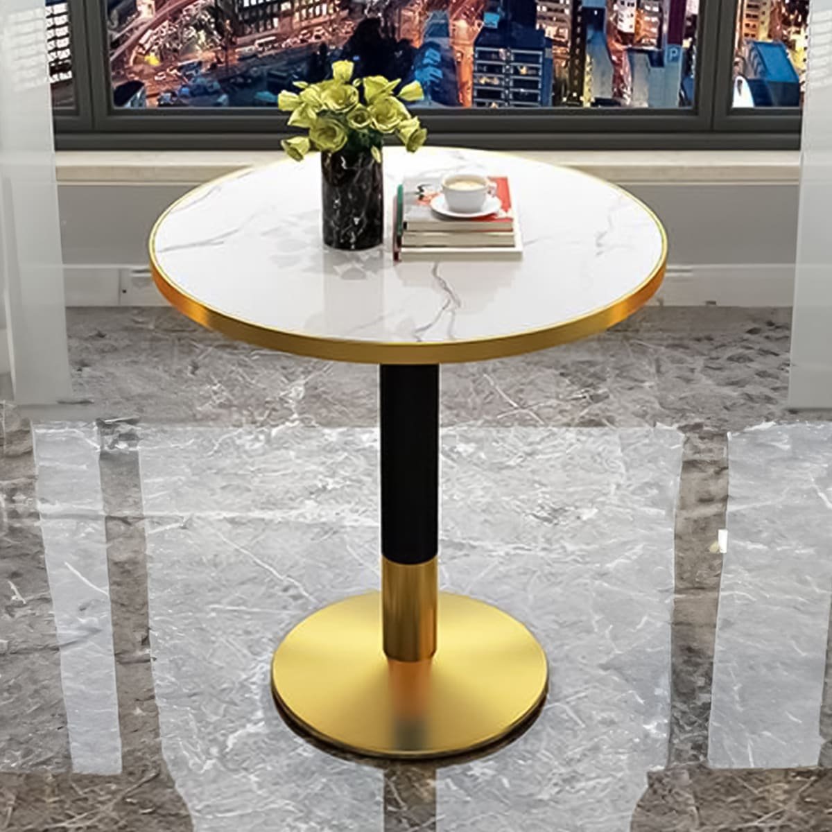 White Round Dining Table, with Marble Embellishments on Wood On Top for Kitchen Bar Patio and More Modern Small Coffee Table Metal Base - Capacity for 2-4, White