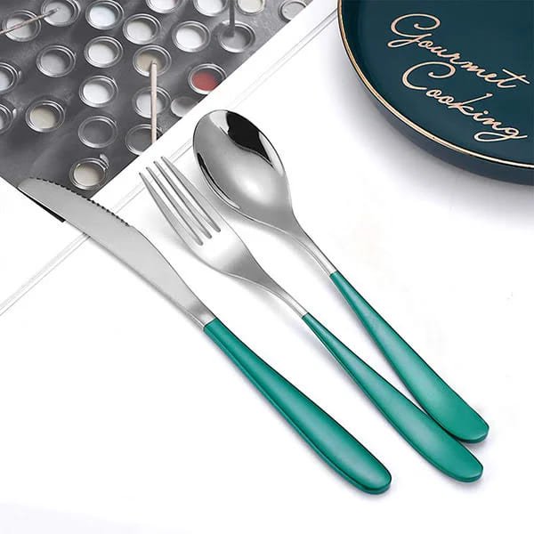 SND Homes Delicacy Cutlery for Fine Dining, Made of SUS 304 Glossy Silver Finish Spoon/ Forks/ Knives (Set of 6 Silver Green Spoon) - Image 2