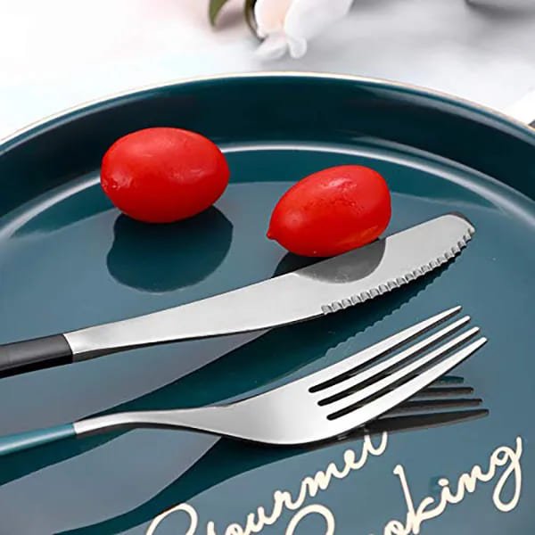 SND Homes Delicacy Cutlery for Fine Dining, Made of SUS 304 Glossy Silver Finish Spoon/ Forks/ Knives (Set of Black 6 X Spoon, Forks, Knives (Total 18)) - Image 3