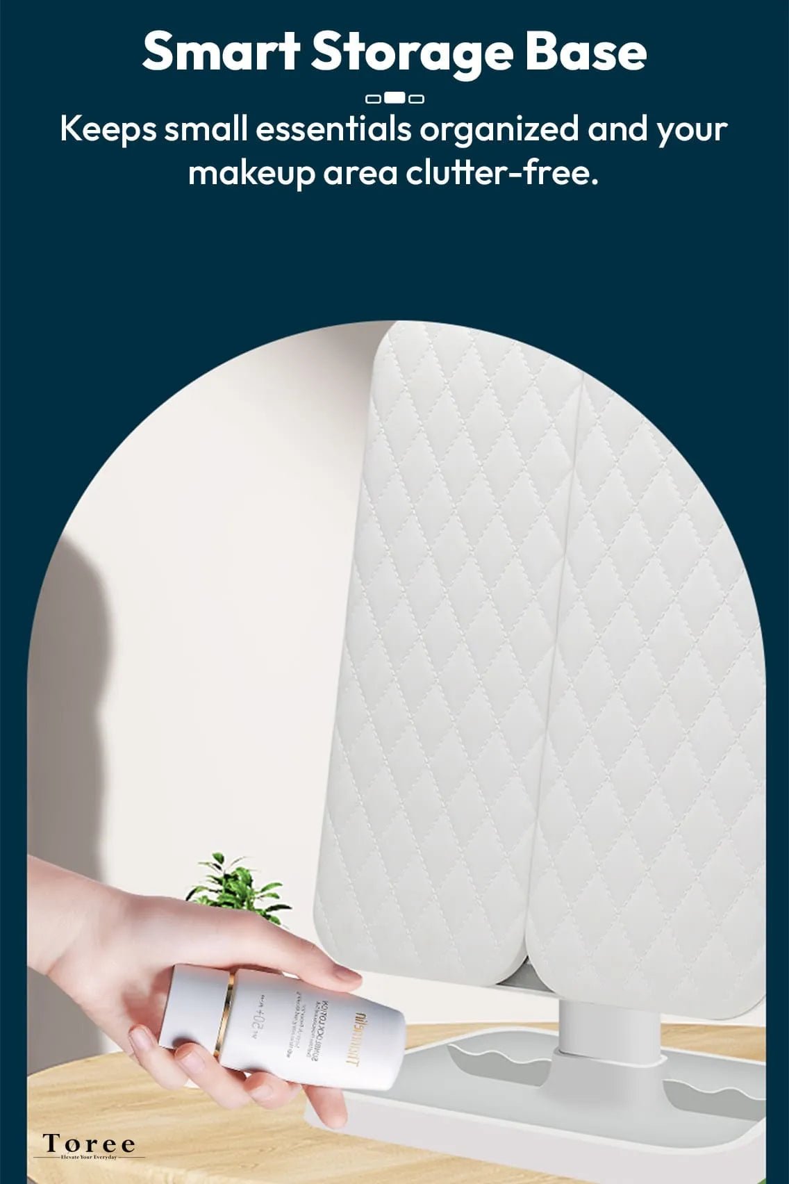 Toree LED Tri-Fold Makeup Mirror with 52 High-CRI Lights | 3-Color Lighting Modes, Stepless Dimming, 2000mAh Rechargeable Battery, 270° Shadow-Free Design, Smart Storage Base - Image 8