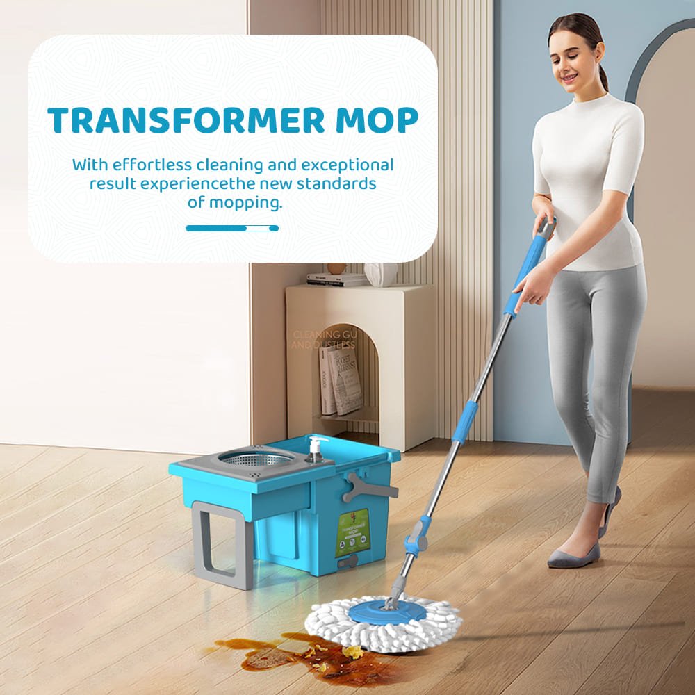 UPC Transformer 360 Degree Spin Mop with Space Saving & Easy to Carry Design, Bucket Mopping System for Floor Cleaning with 2 Microfiber Refills (Transformer-Green) - Image 2