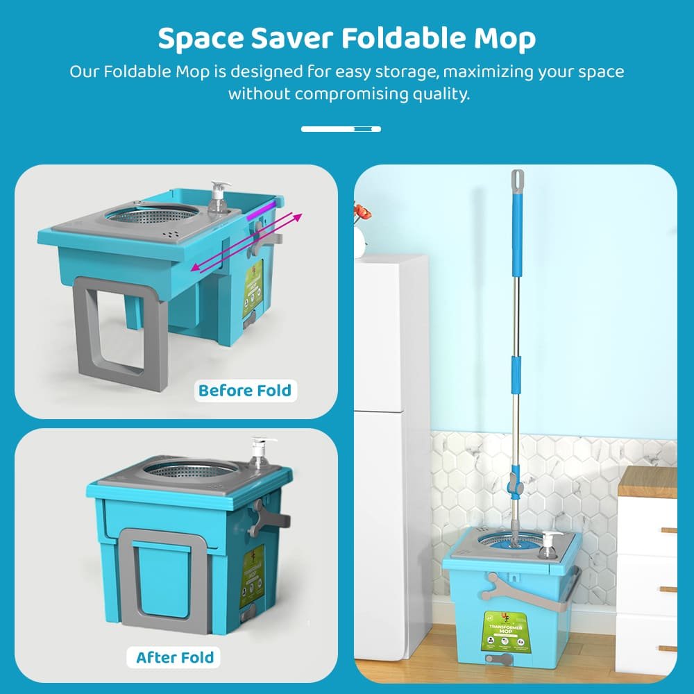 UPC Transformer 360 Degree Spin Mop with Space Saving & Easy to Carry Design, Bucket Mopping System for Floor Cleaning with 2 Microfiber Refills (Transformer-Green) - Image 5