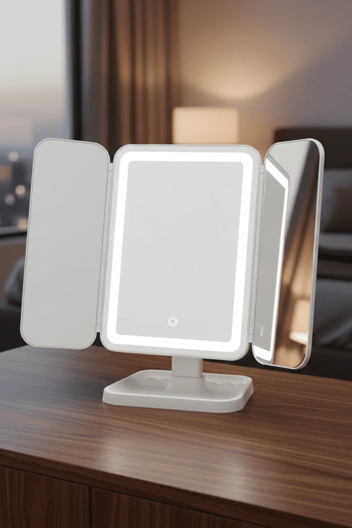 Toree LED Tri-Fold Makeup Mirror with 52 High-CRI Lights | 3-Color Lighting Modes, Stepless Dimming, 2000mAh Rechargeable Battery, 270° Shadow-Free Design, Smart Storage Base