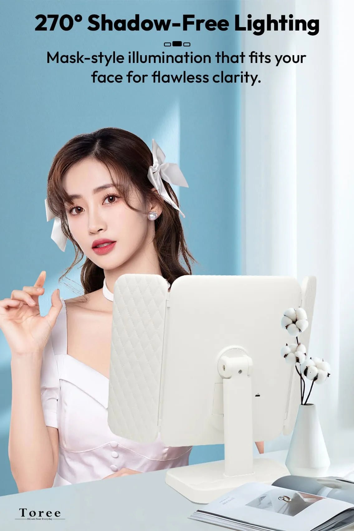 Toree LED Tri-Fold Makeup Mirror with 52 High-CRI Lights | 3-Color Lighting Modes, Stepless Dimming, 2000mAh Rechargeable Battery, 270° Shadow-Free Design, Smart Storage Base - Image 10