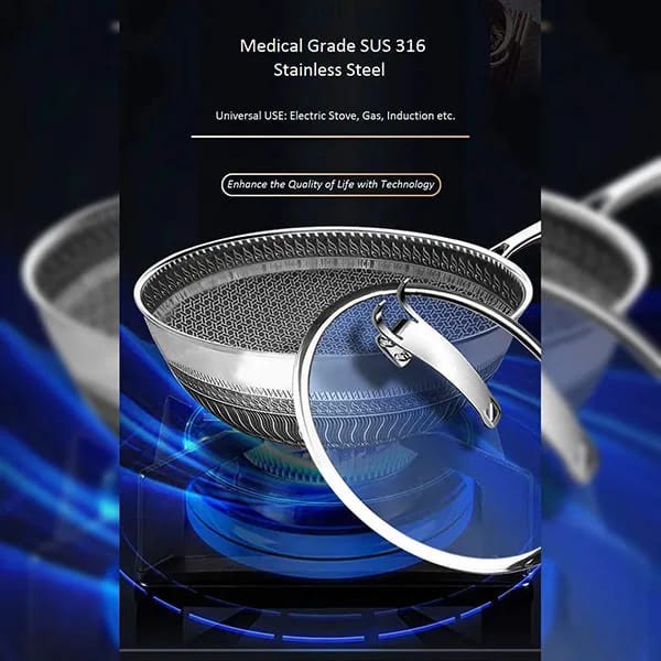 SND Homes Smart Cookware 5 L Medical Grade Stainless Steel SUS 316 Abrasion Resistant Non-Stick Diamond Coating Induction Base 7 Layer Energy Saving Deep Frying Pan with Lid (32 cm, Silver) - Image 5