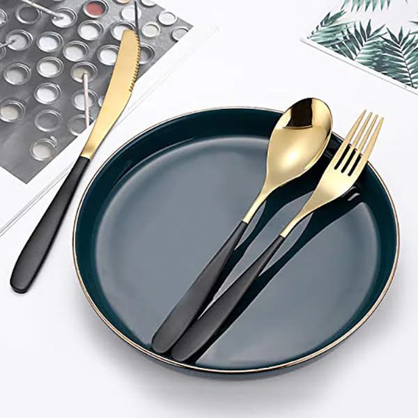 SND Homes Efficacy Fine Dining Cutlery, Made of SUS 304, Spoon/Forks/Knives (6 X Black Gold Knives, Spoons, Forks (Total 18 pcs)) - Image 5