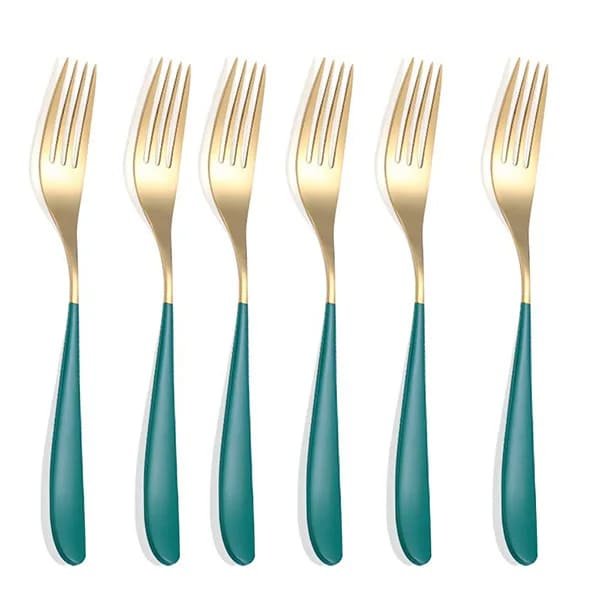 SND Homes Efficacy Fine Dining Cutlery, Made of SUS 304, Spoon/Forks/Knives (6 X Green Gold Fork)