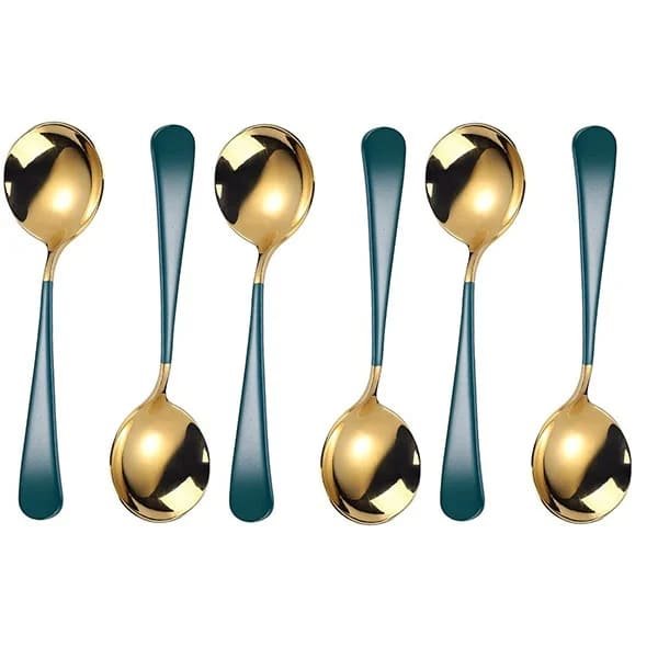 SND Homes Efficacy Fine Dining Cutlery, Made of SUS 304, Spoon / Forks/ Knives (Set of 6 Gold Green Multi-Utility Spoon)