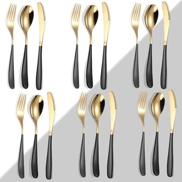 SND Homes Efficacy Fine Dining Cutlery, Made of SUS 304, Spoon/Forks/Knives (6 X Black Gold Knives, Spoons, Forks (Total 18 pcs))