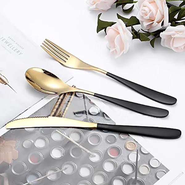 SND Homes Efficacy Fine Dining Cutlery, Made of SUS 304, Spoon/Forks/Knives (6 X Black Gold Knives, Spoons, Forks (Total 18 pcs)) - Image 2