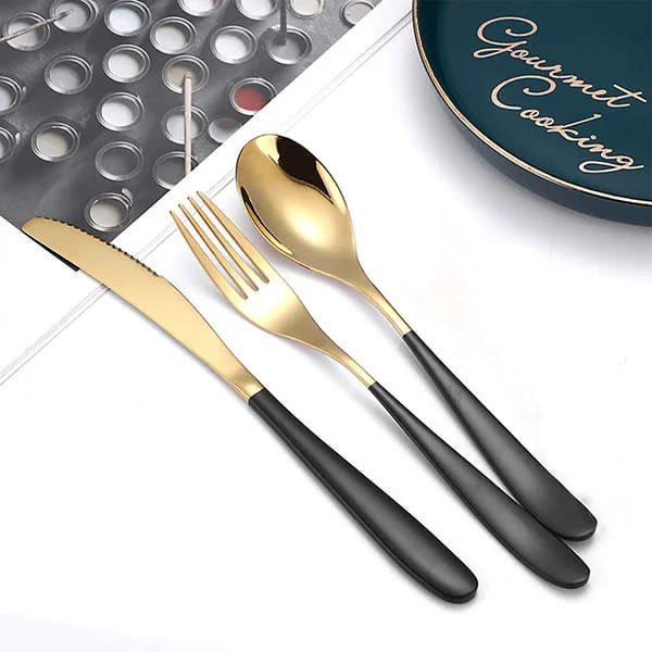 SND Homes Efficacy Fine Dining Cutlery, Made of SUS 304, Spoon/Forks/Knives (6 X Black Gold Knives, Spoons, Forks (Total 18 pcs)) - Image 3