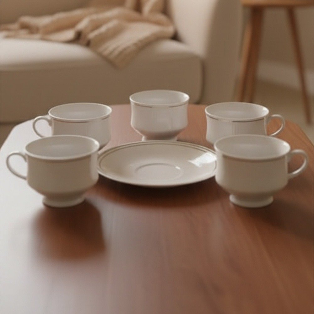 SND Homes Pack of 6 Bone China Cup & Saucer Set of 6 - White Golden