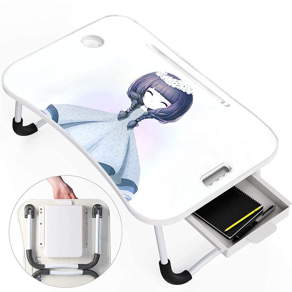 SND Homes Multi-Purpose Foldable Cartoon Beauty Laptop Bed Table with Drawer Storage Wood Portable Laptop Table (Finish Color - White, Pre Assembled)