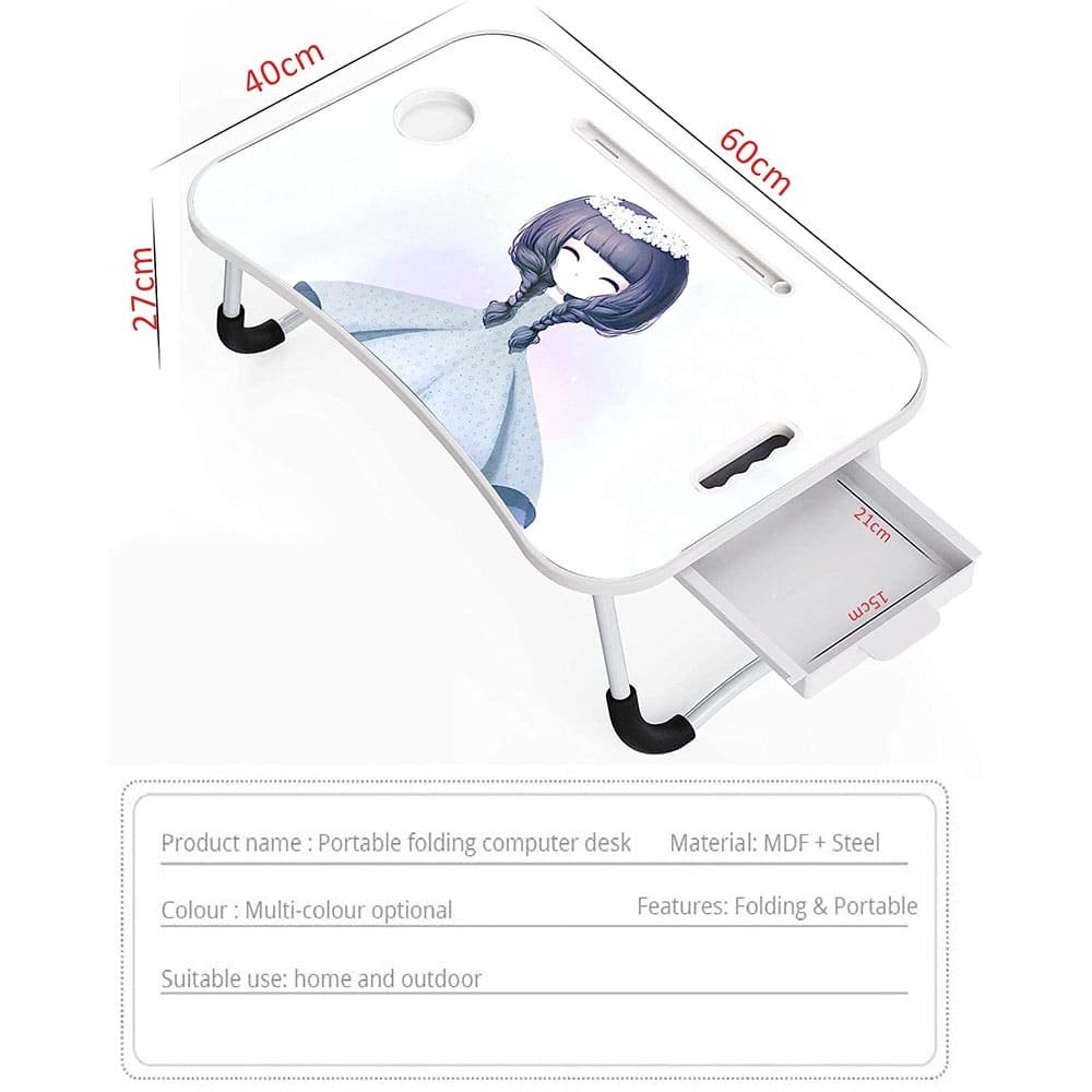 SND Homes Multi-Purpose Foldable Cartoon Beauty Laptop Bed Table with Drawer Storage Wood Portable Laptop Table (Finish Color - White, Pre Assembled) - Image 2