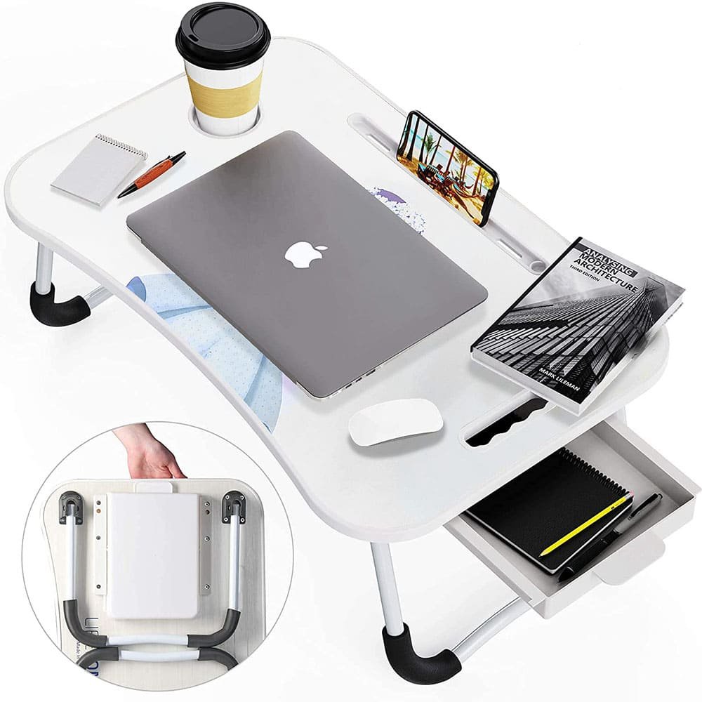 SND Homes Multi-Purpose Foldable Cartoon Beauty Laptop Bed Table with Drawer Storage Wood Portable Laptop Table (Finish Color - White, Pre Assembled) - Image 3