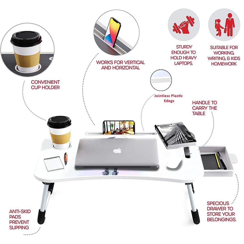 SND Homes Multi-Purpose Foldable Cartoon Beauty Laptop Bed Table with Drawer Storage Wood Portable Laptop Table (Finish Color - White, Pre Assembled) - Image 4