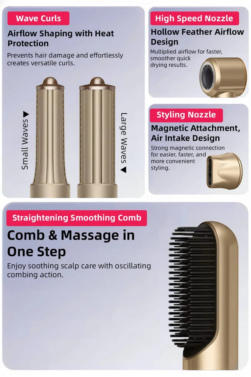 Toree 5-in-1 Hair Styling Tool Set - Multi-Function Hair Dryer, Curler, Straightener & Volumizer - Golden - Image 6