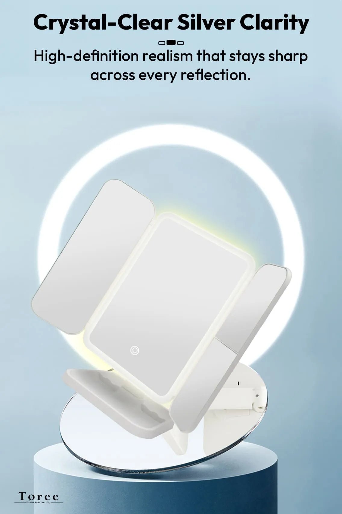 Toree LED Tri-Fold Makeup Mirror with 52 High-CRI Lights | 3-Color Lighting Modes, Stepless Dimming, 2000mAh Rechargeable Battery, 270° Shadow-Free Design, Smart Storage Base - Image 3