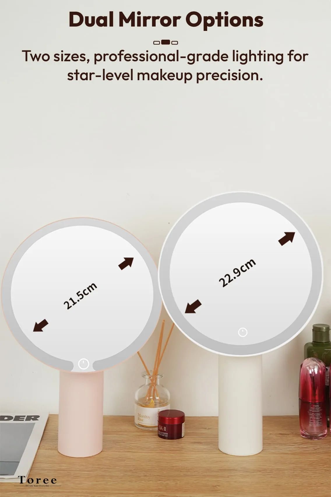 Toree Premium LED Smart Makeup Mirror | 360° Ring Light, Touch Dimming, Adjustable 0–90° Angle, 2400mAh Rechargeable, True Color HD Reflection - Image 10