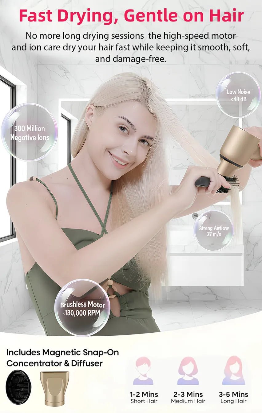 Toree 5-in-1 Hair Styling Tool Set - Multi-Function Hair Dryer, Curler, Straightener & Volumizer - Golden - Image 8