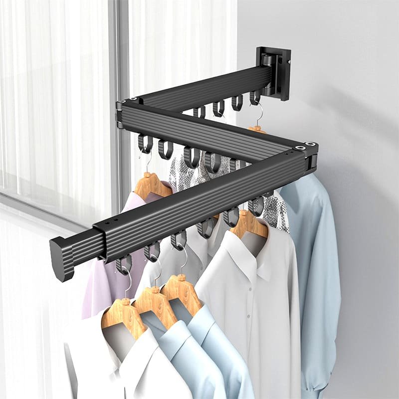 SND Home Wall Mounted Folding Clothes Drying Rack, Collapsible and Retractable Space Saver Heavy Duty Laundry Drying Rack with Towel Bar (Black) - Image 2