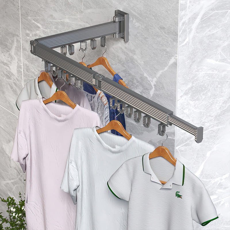 SND Home Wall Mounted Folding Clothes Drying Rack, Collapsible and Retractable Space Saver Heavy Duty Laundry Drying Rack with Towel Bar (Grey) - Image 3