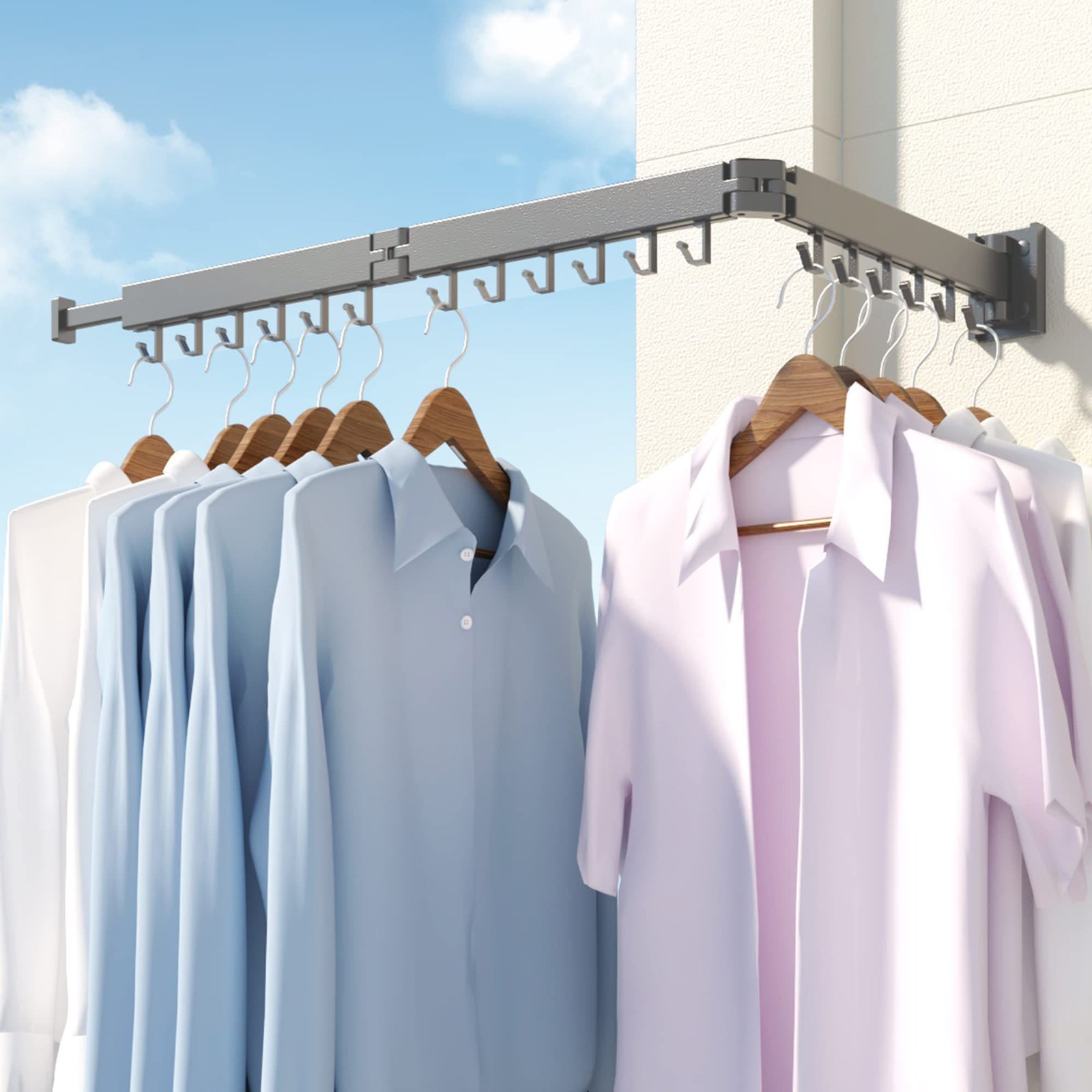 SND Home Wall Mounted Folding Clothes Drying Rack, Collapsible and Retractable Space Saver Heavy Duty Laundry Drying Rack with Towel Bar (Grey) - Image 4