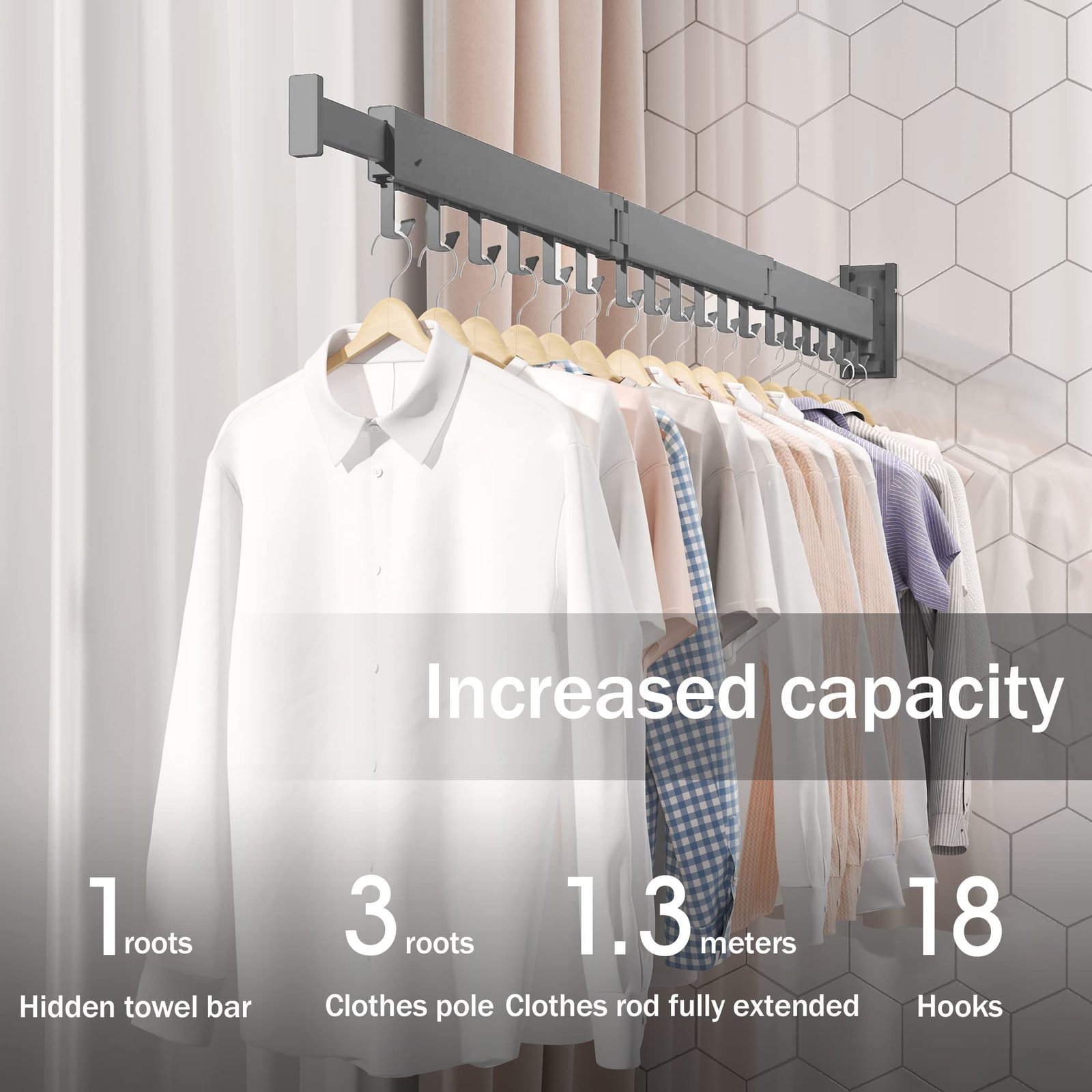 SND Home Wall Mounted Folding Clothes Drying Rack, Collapsible and Retractable Space Saver Heavy Duty Laundry Drying Rack with Towel Bar (Grey) - Image 5